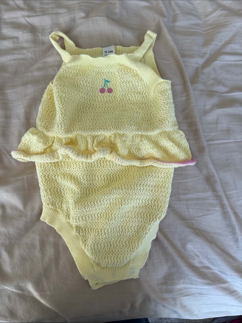 George Yellow Crochet Baby One-Piece with Pink Cherry Accent